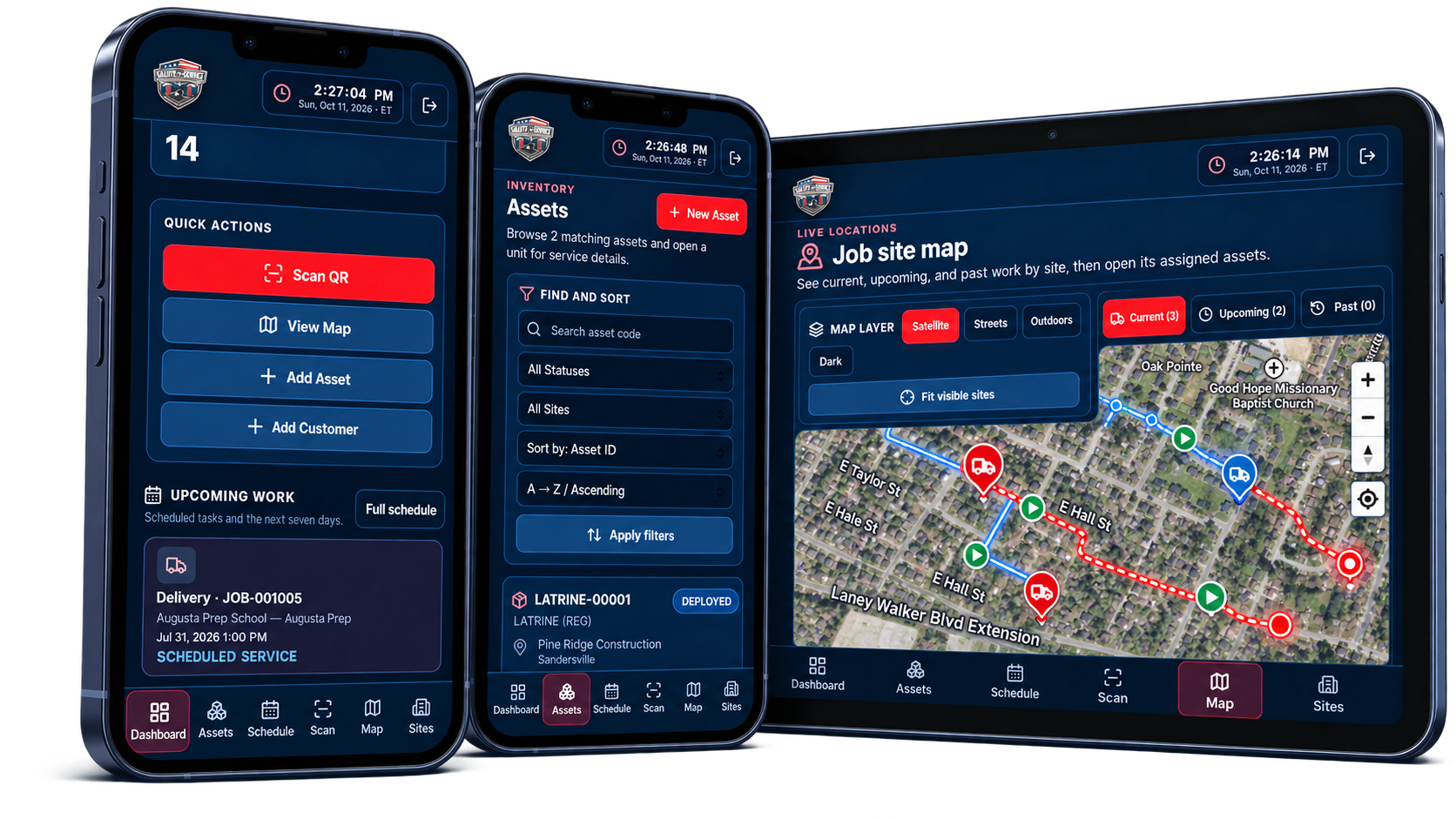 Approved demonstration of Salute To Service's internal Field Operations application showing its mobile dashboard, asset inventory and job-site map.